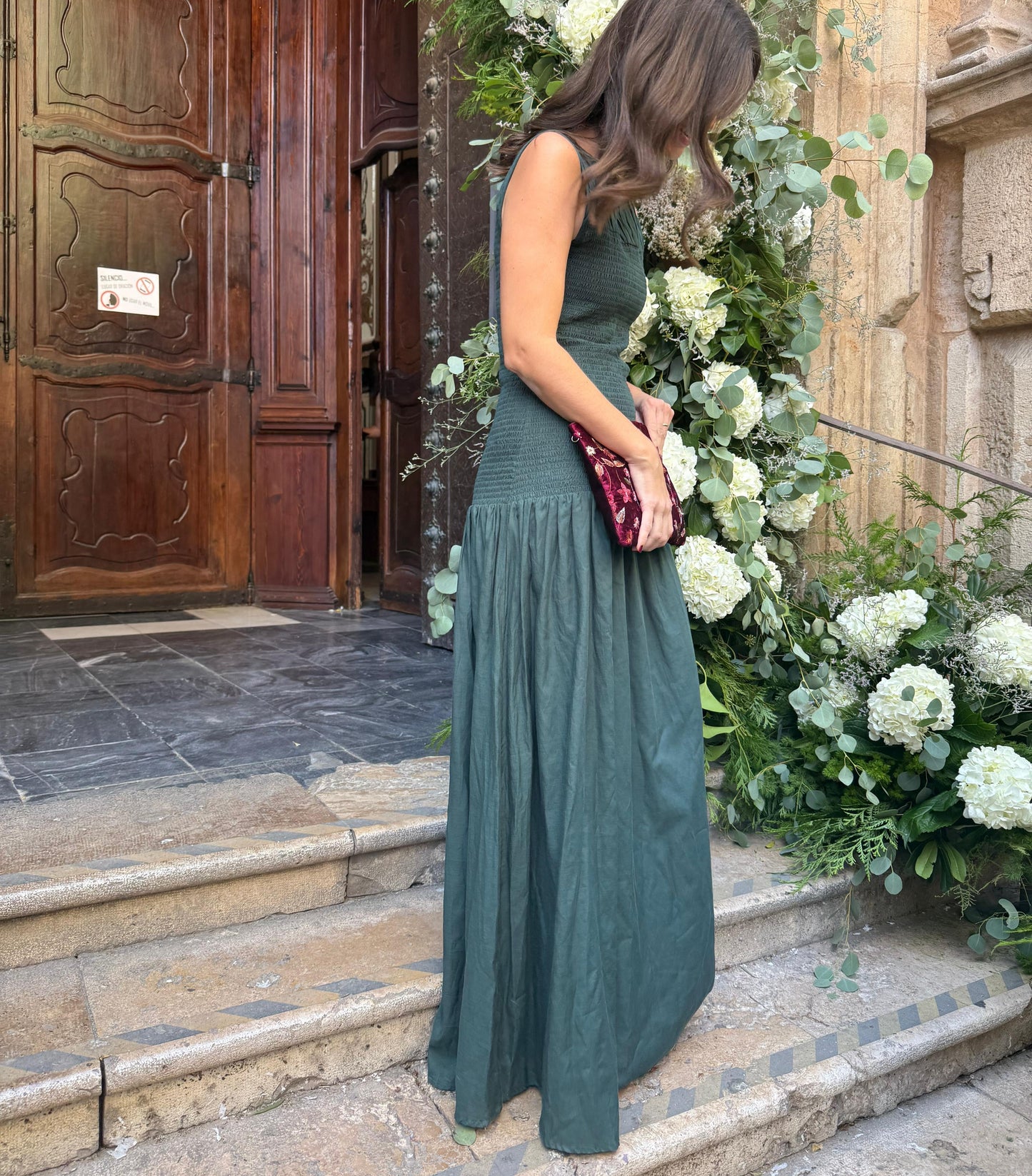 Vestido largo con nido de abeja verde