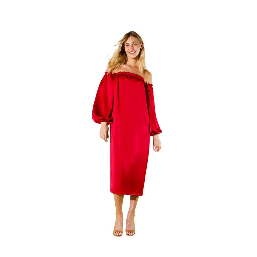 Vestido midi palabra de honor y mangas fruncidas