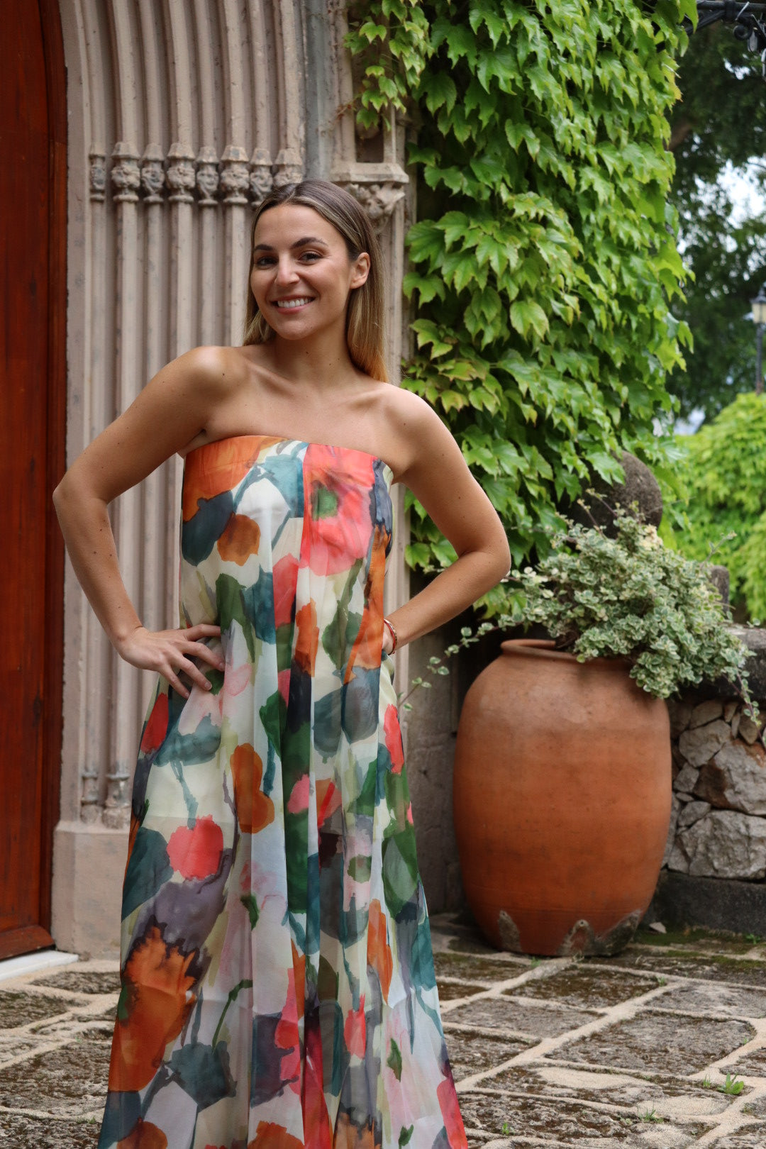 Vestido largo estampado palabra de honor