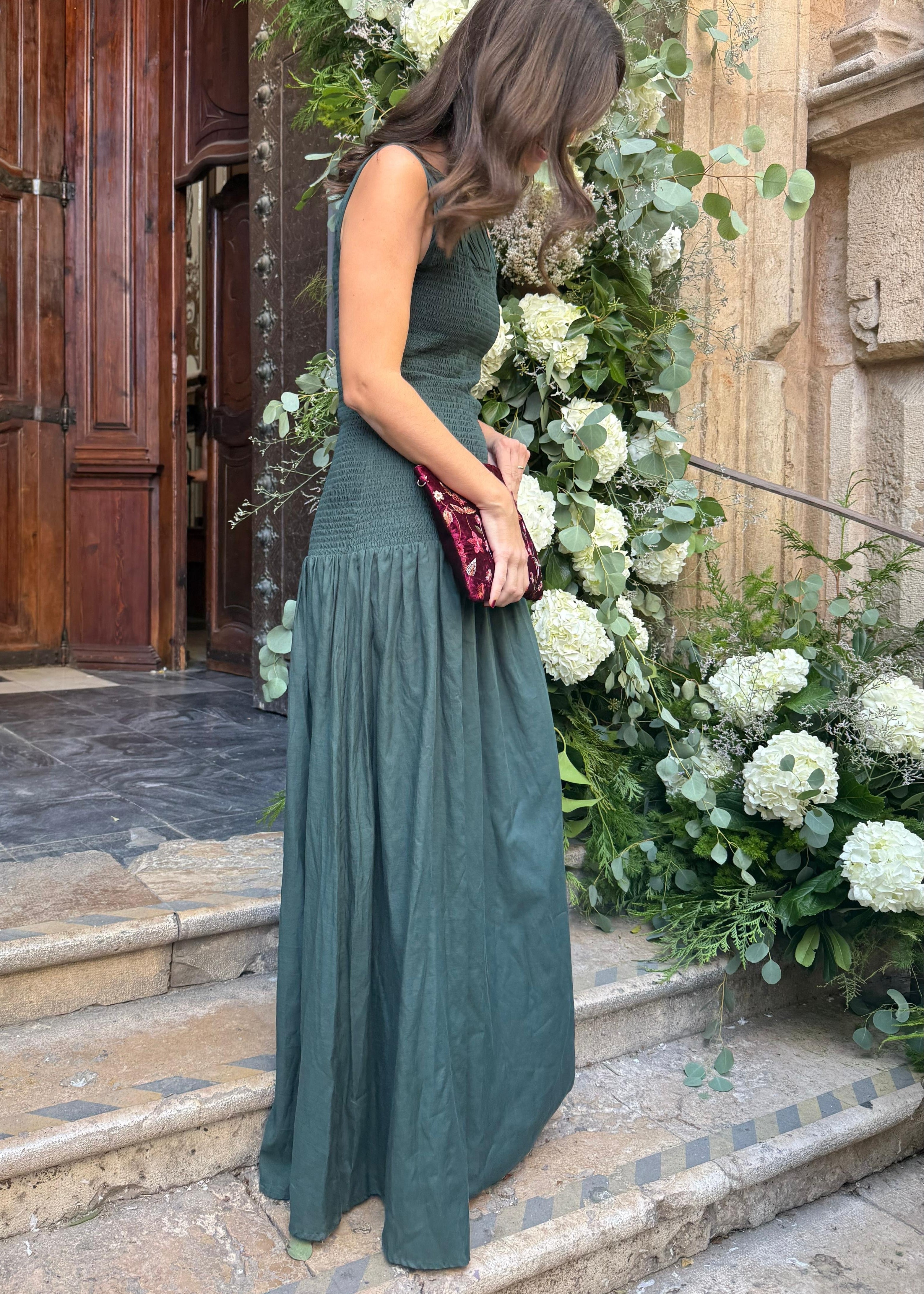 Vestido largo con nido de abeja verde