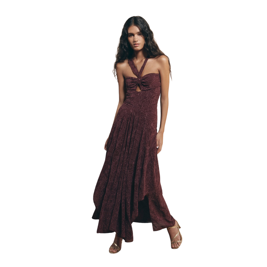 Vestido midi bordado de cuello halter