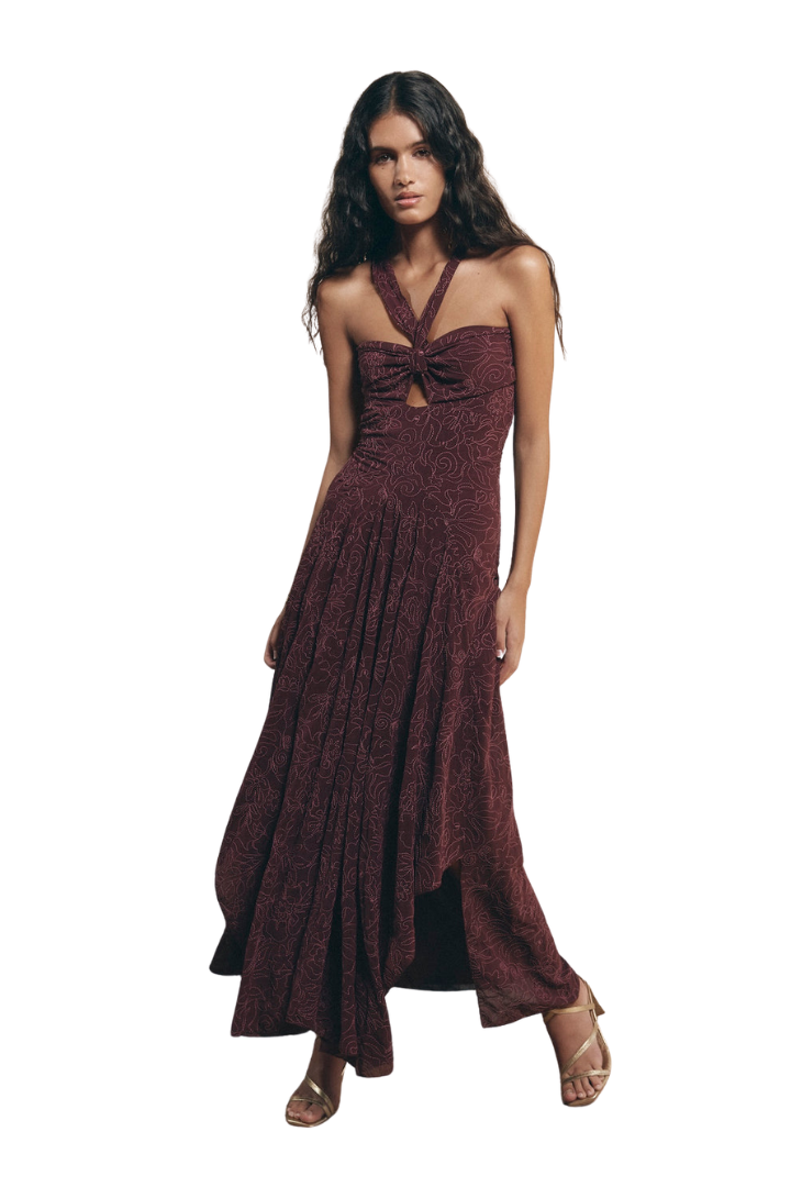 Baymo - Vestido midi bordado de cuello halter
