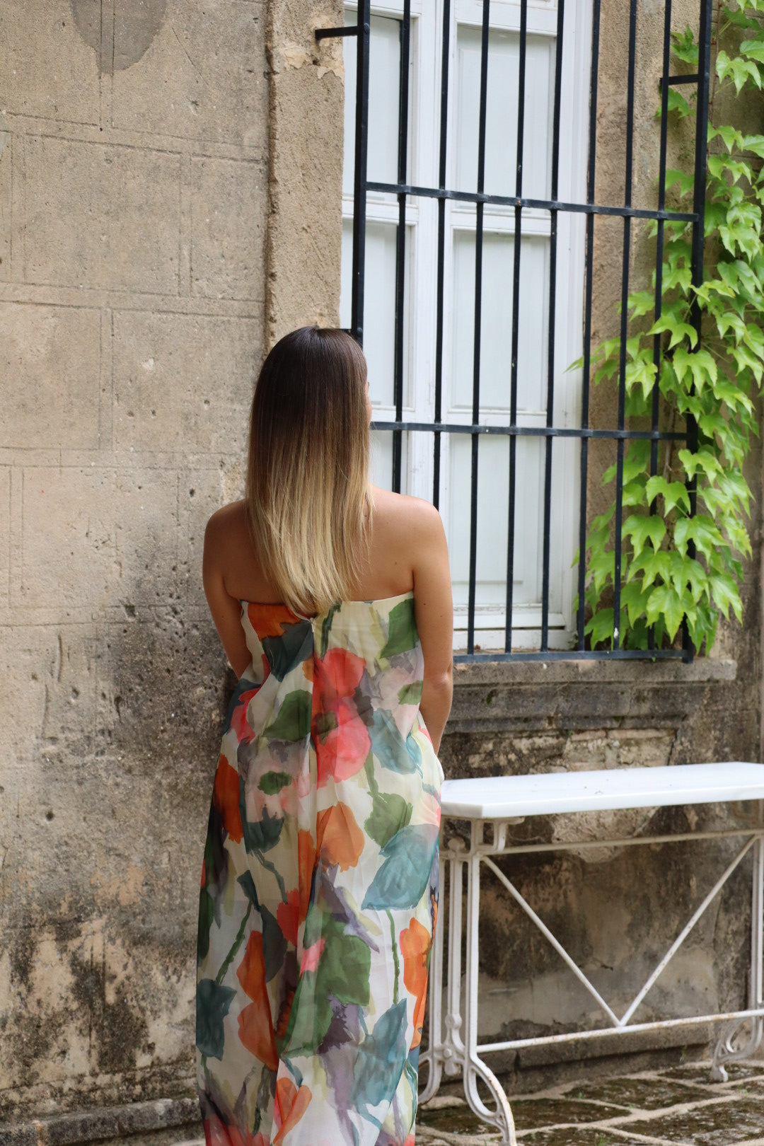 Vestido largo estampado palabra de honor
