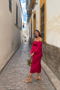 Victoria - Vestido midi palabra de honor con mangas fruncidas