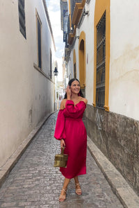Victoria - Vestido midi palabra de honor con mangas fruncidas
