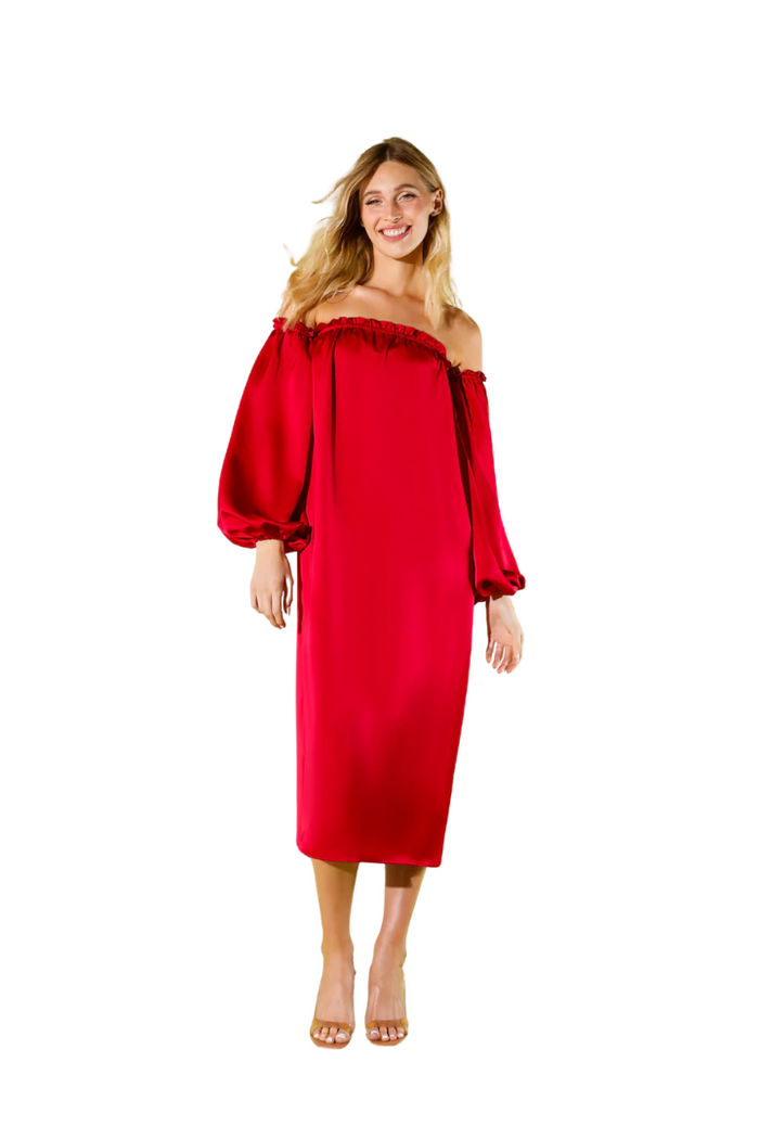 Victoria - Vestido midi palabra de honor con mangas fruncidas