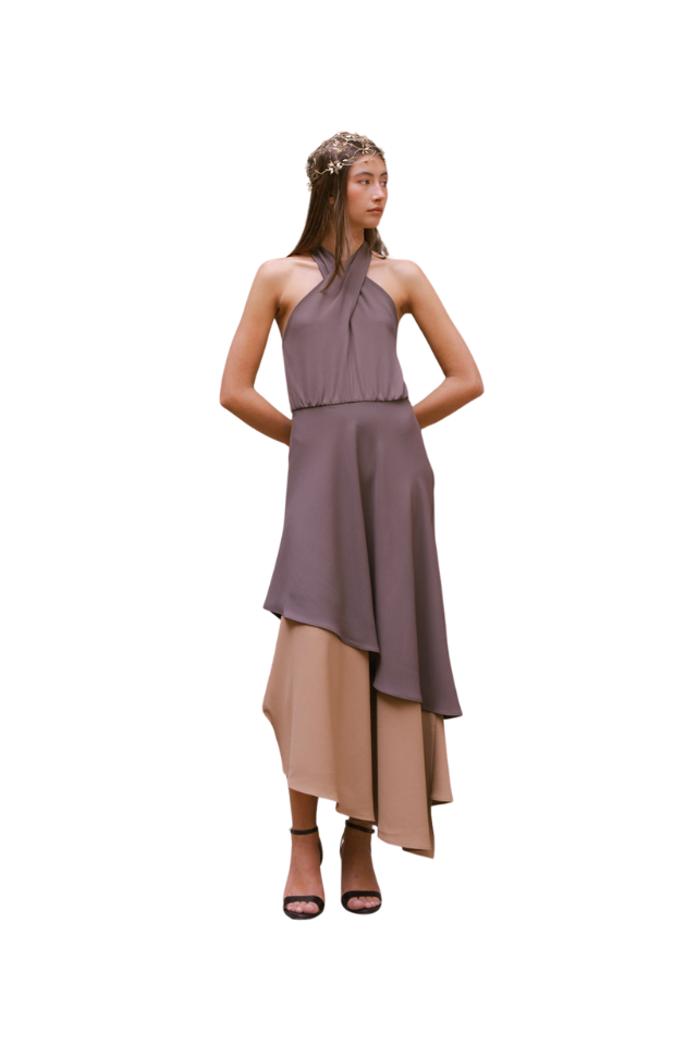 Coosy - Vestido midi asimétrico con cuello halter
