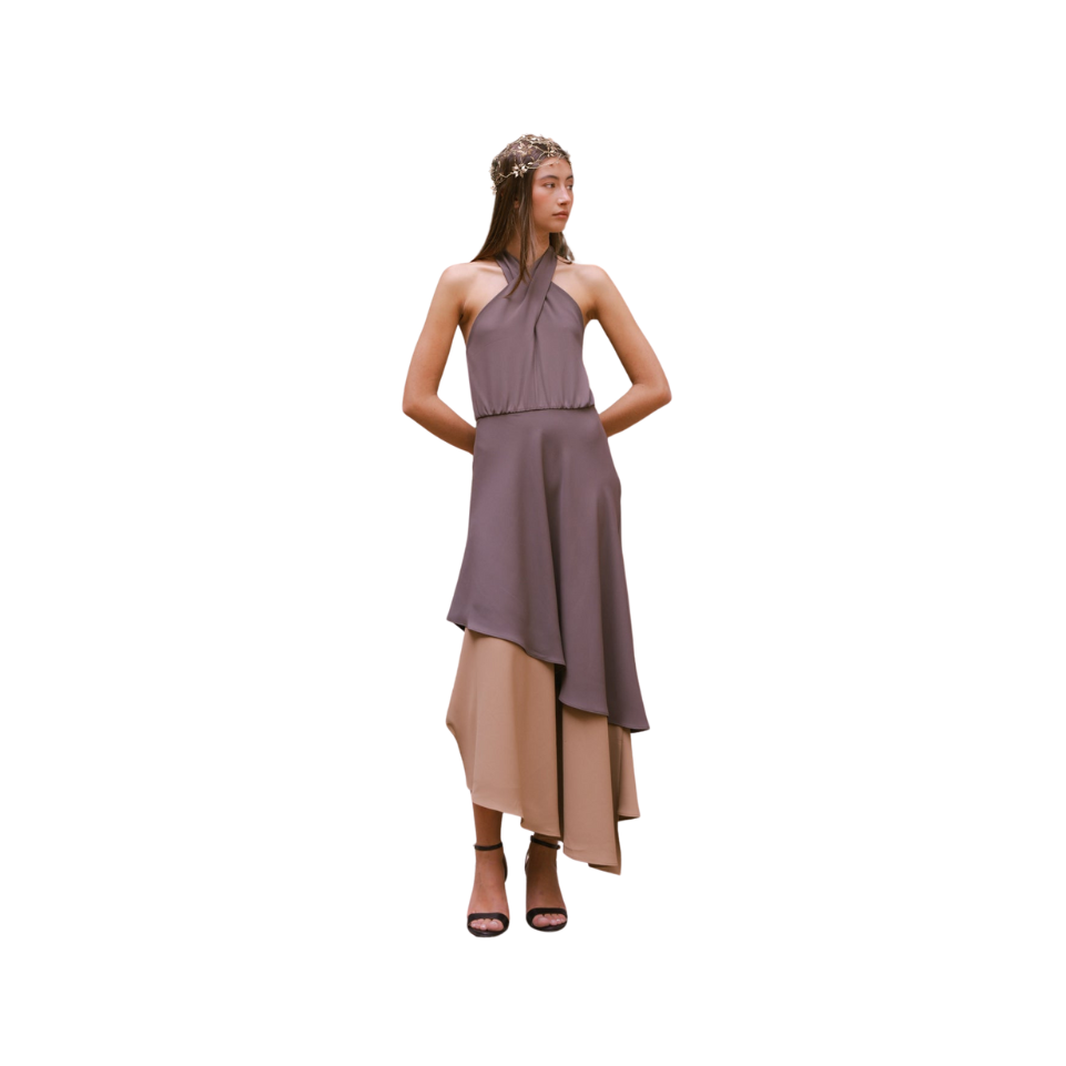 Vestido midi asimétrico con cuello halter