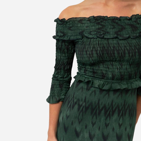 Vestido midi escote bardot con fruncido